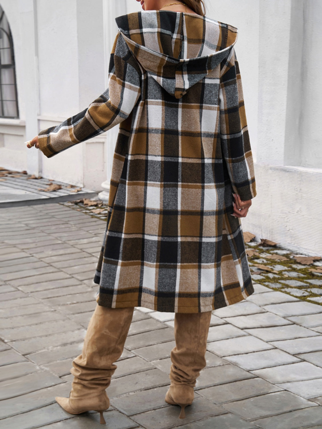 Women's Plaid Long Sleeve Hooded Coat in Brown and Green - Image 17