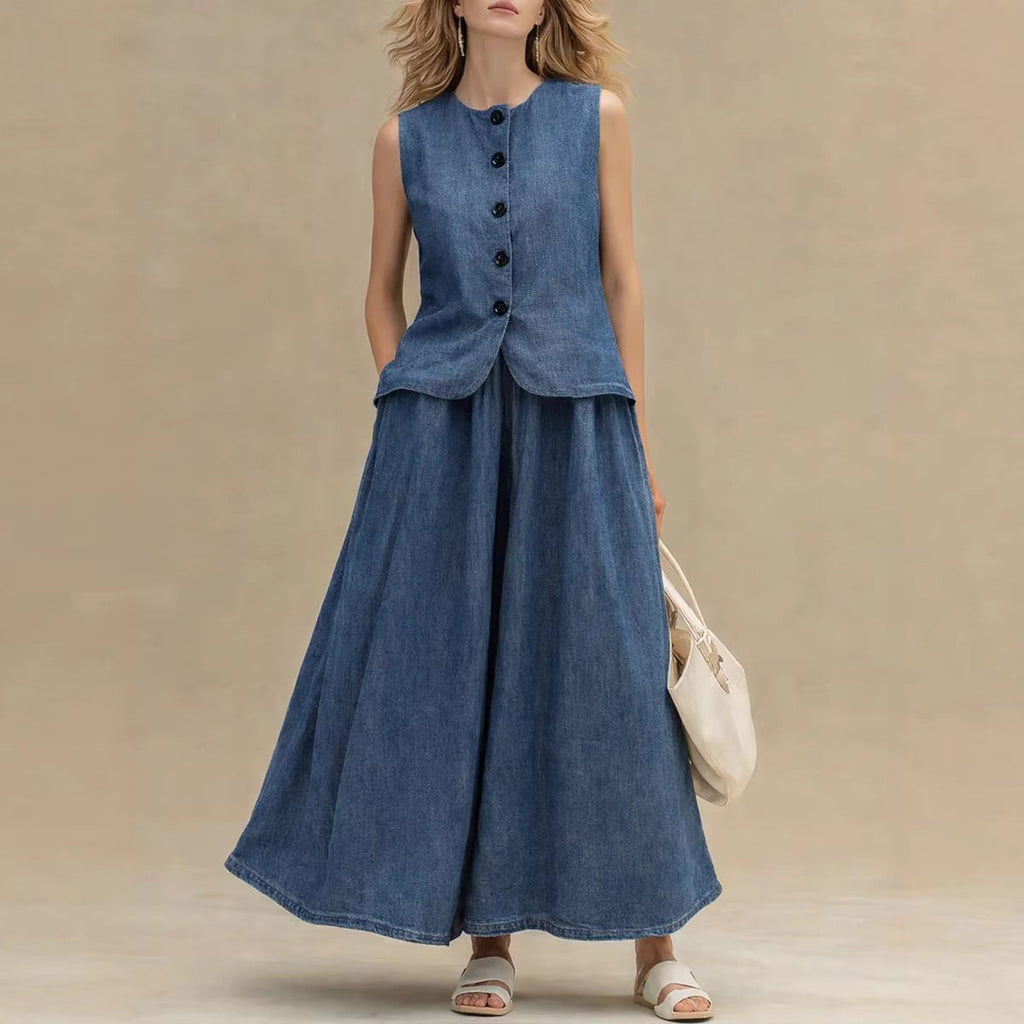 Womens Sleeveless Button Down Denim Vest and Maxi Skirt Set - Image 4