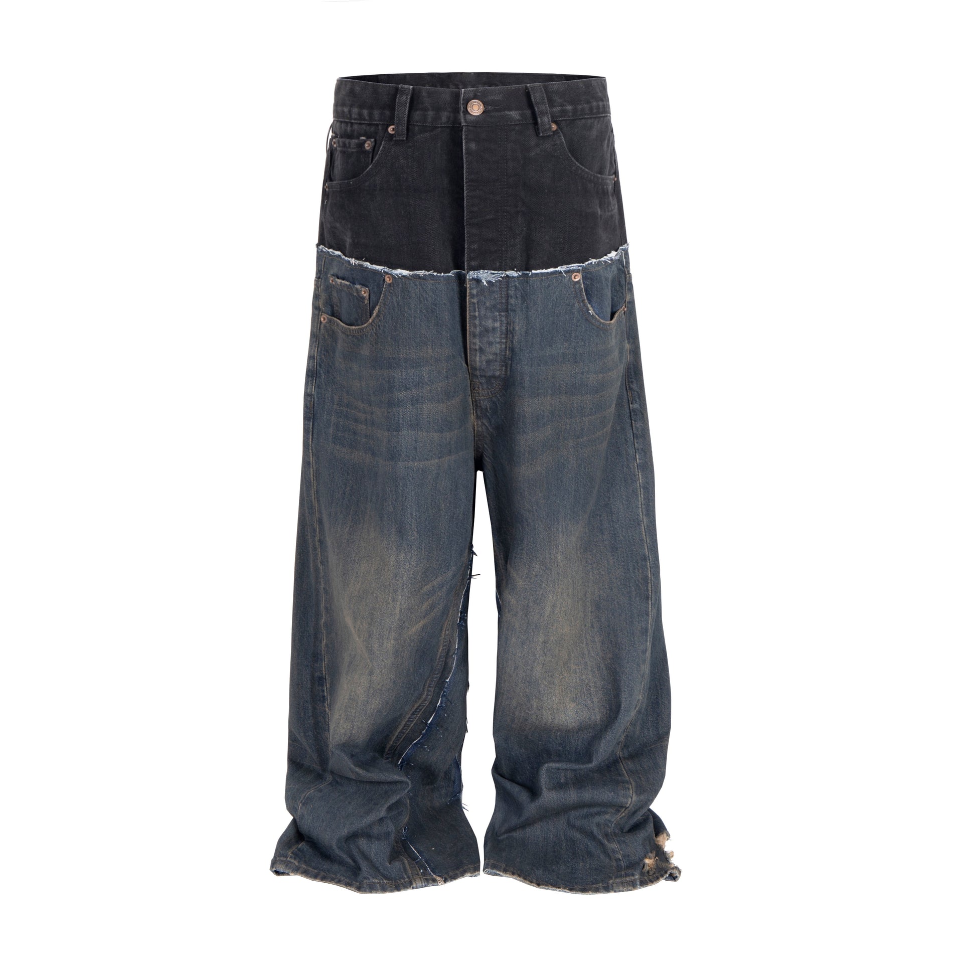 Front view of Wideboy Midnight Double Denim pants with a black top panel and distressed blue lower legs.