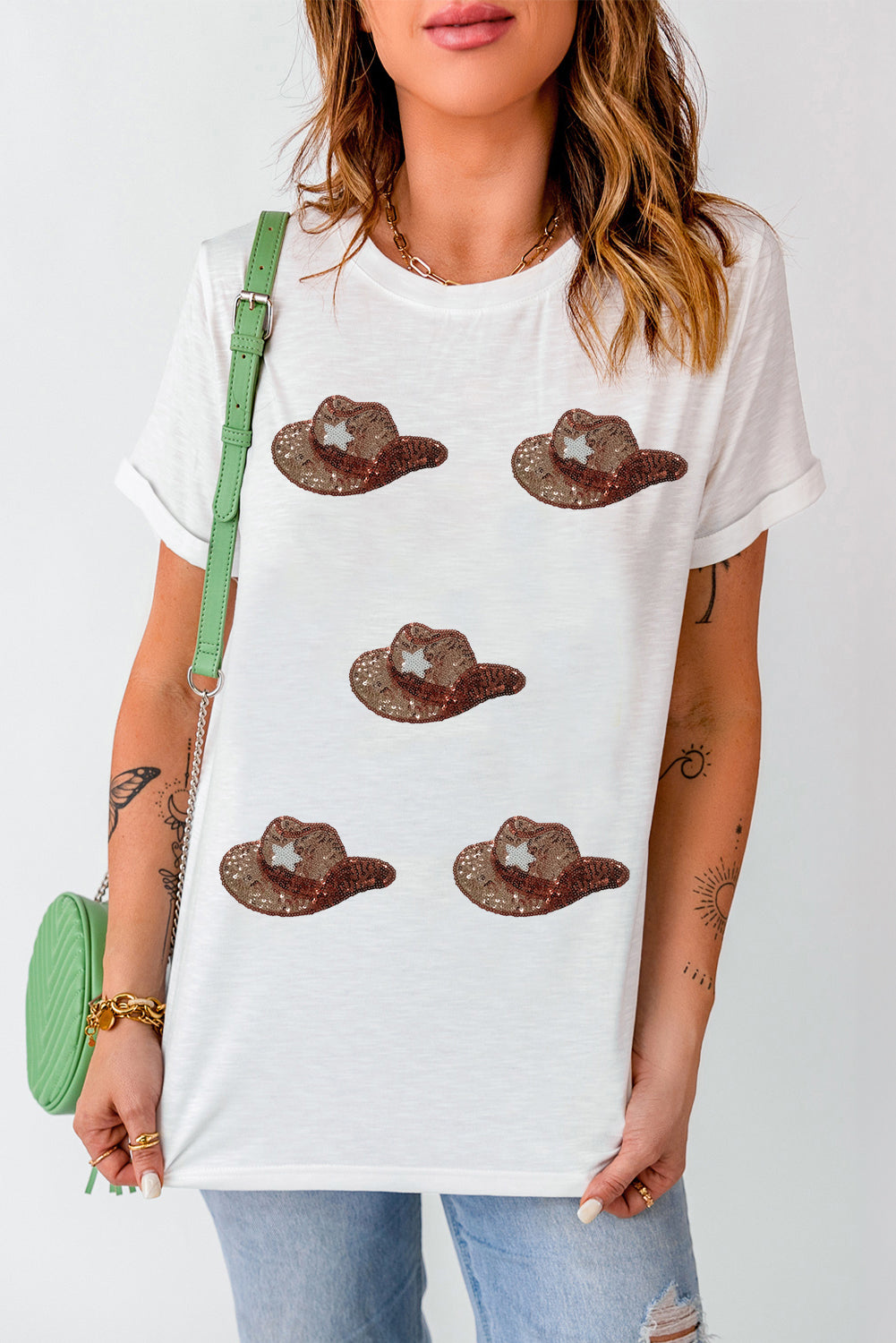 White Short Sleeve T-Shirt with Western Sequin Cowboy Hat Pattern - Image 3