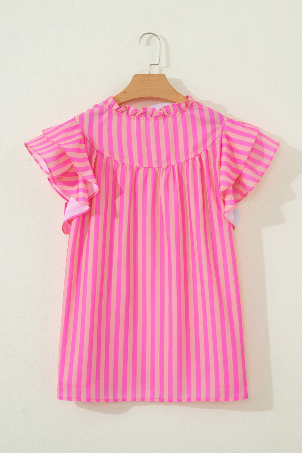 Juniper Striped V-Neck Ruffled Summer Blouse in Pink & Peach