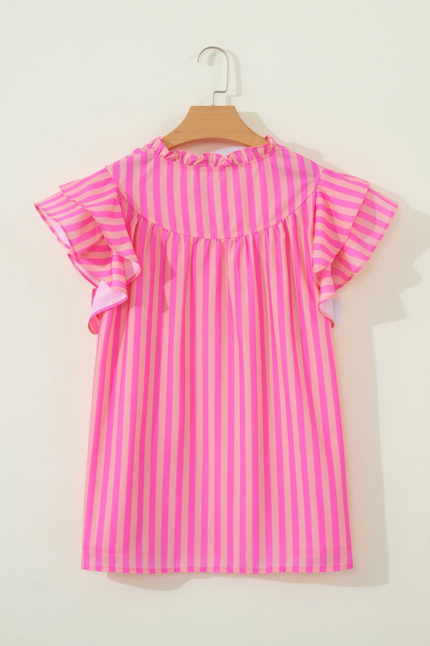 Juniper Striped V-Neck Ruffled Summer Blouse in Pink & Peach