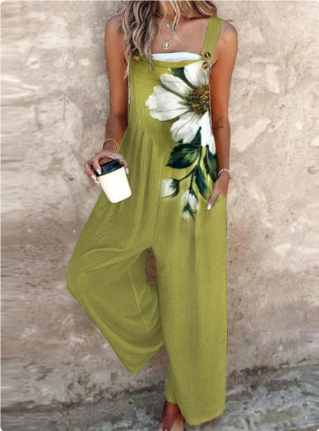 Women's Square Neck Floral Print Sleeveless Casual Jumpsuit