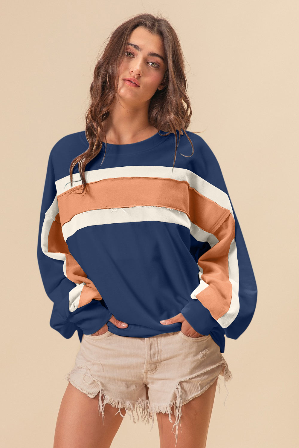 Women's Navy Blue Color Block Sweatshirt with Raw Edge Detail - Image 3