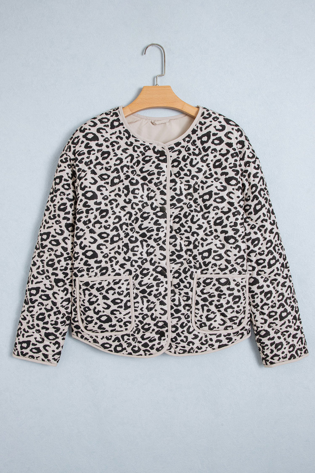 Leopard Patch Pocket Quilted Button Up Jacket