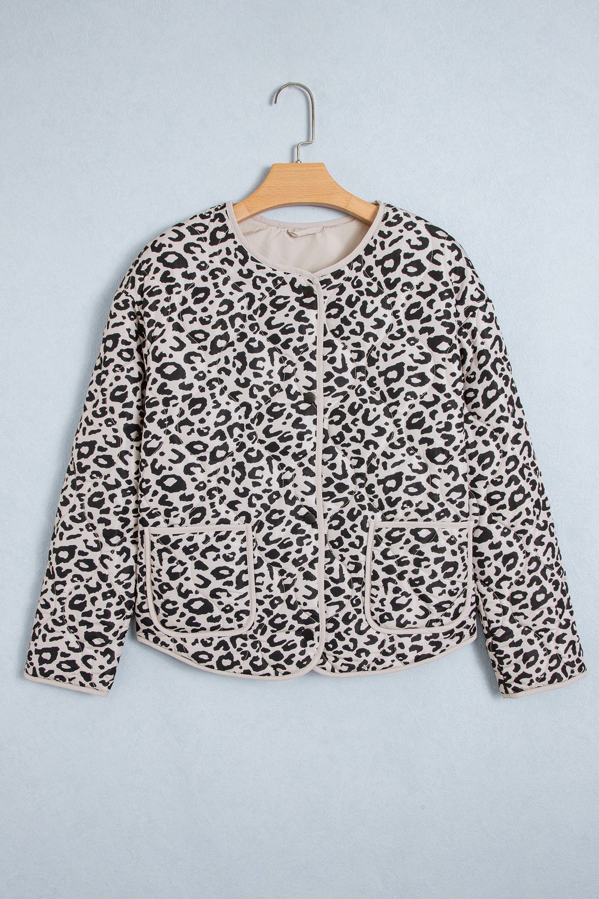 Leopard Patch Pocket Quilted Button Up Jacket