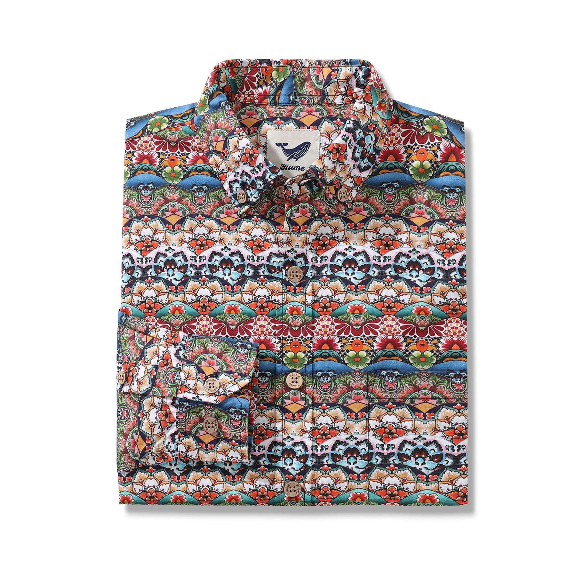 Men's Long Sleeve Hawaiian Shirt, Cotton Tropical Geometric Print
