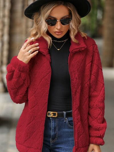 Women's Fuzzy Zip-Up Jacket with Pockets - Casual Streetwear