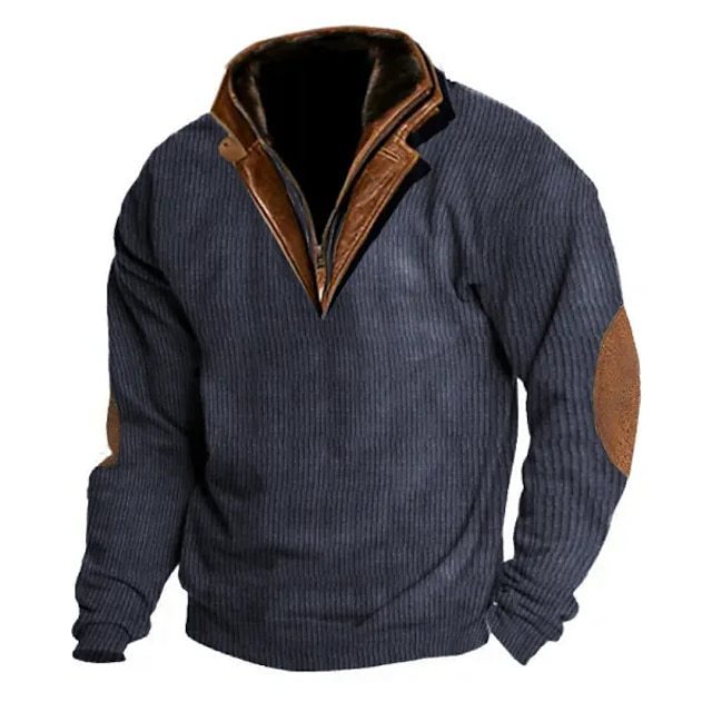 Men's relaxed fit knit zip-up sweater with stand collar in neutral outdoor colors