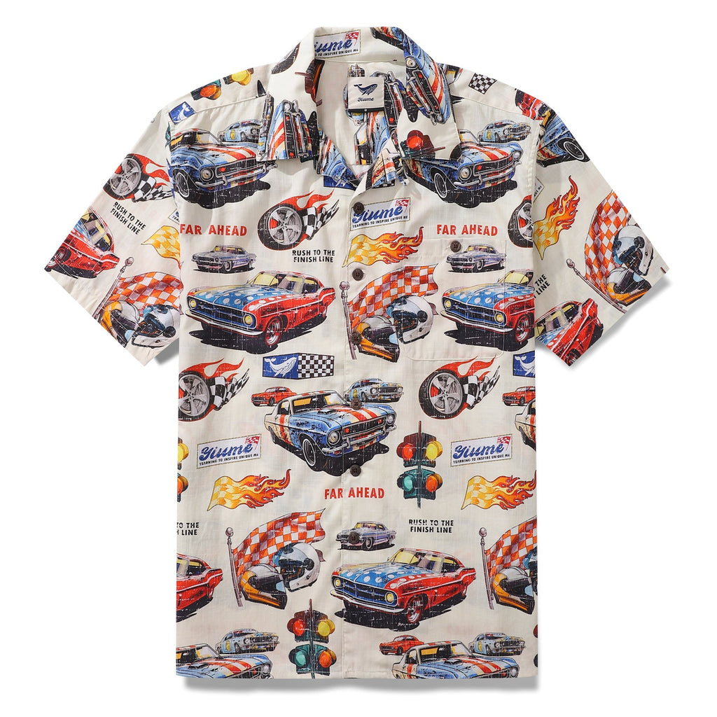 Men wearing a 100% cotton Hawaiian shirt featuring a racing car and flames graphic print with a camp collar.