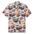Men wearing a 100% cotton Hawaiian shirt featuring a racing car and flames graphic print with a camp collar.