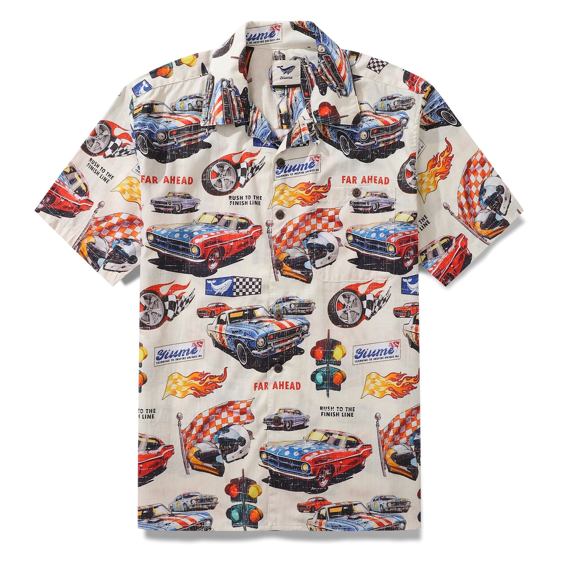 Men wearing a 100% cotton Hawaiian shirt featuring a racing car and flames graphic print with a camp collar.