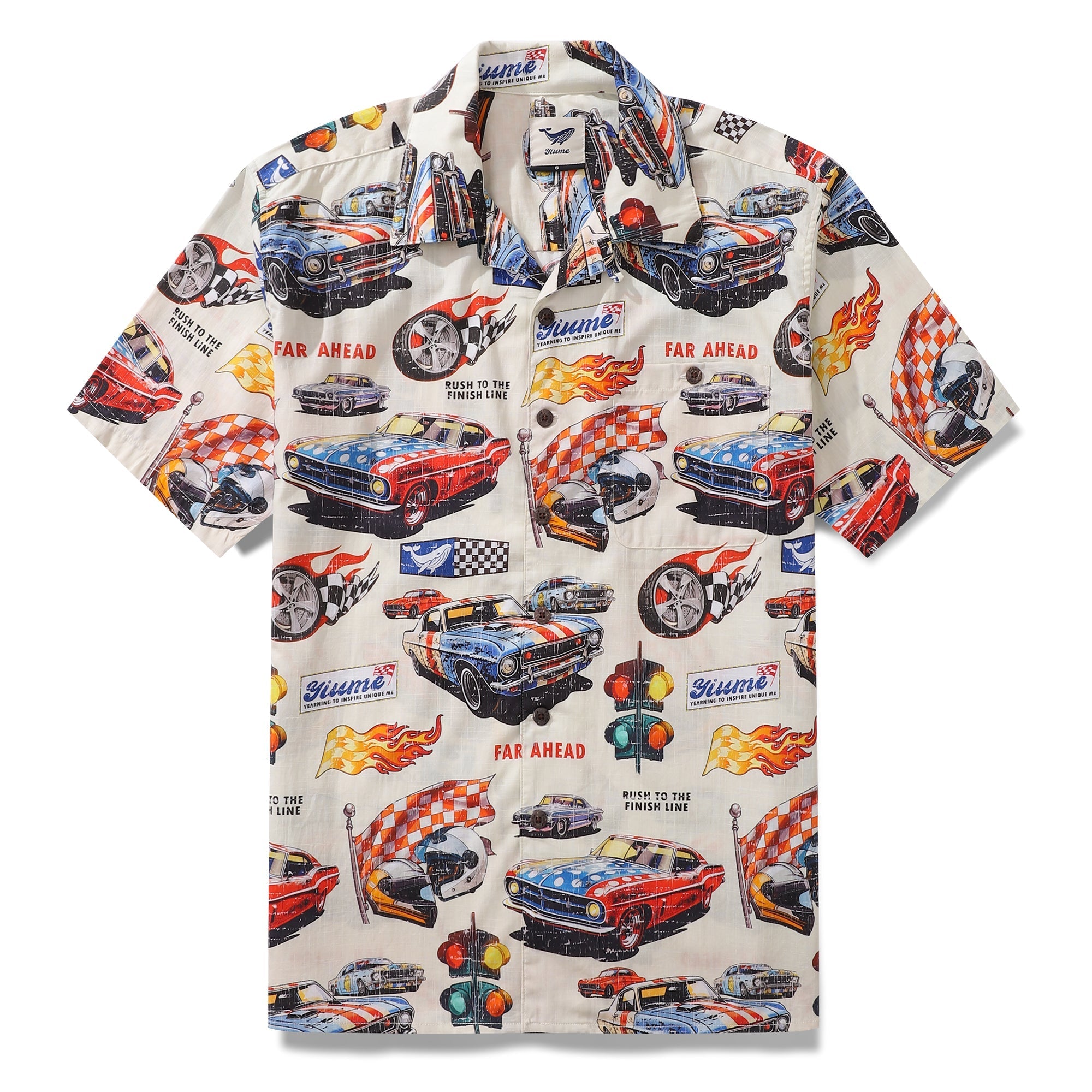 Men wearing a 100% cotton Hawaiian shirt featuring a racing car and flames graphic print with a camp collar.