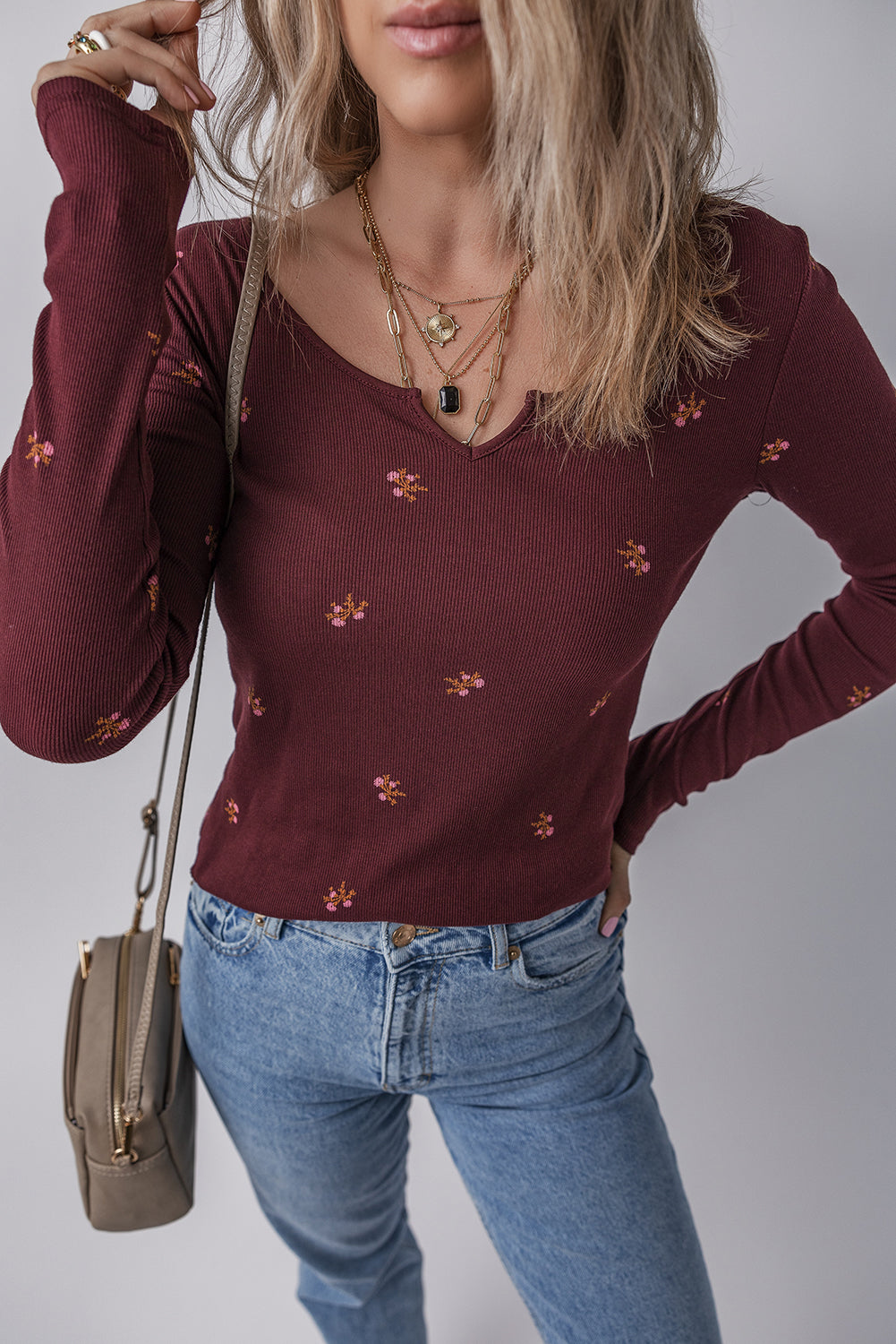 Floral Ribbed Notched Neck Long Sleeve Top