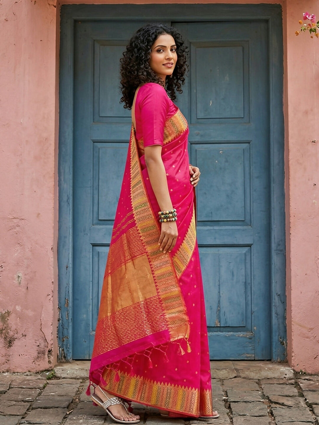 Pink Silk Blend Saree with Matching Blouse Piece