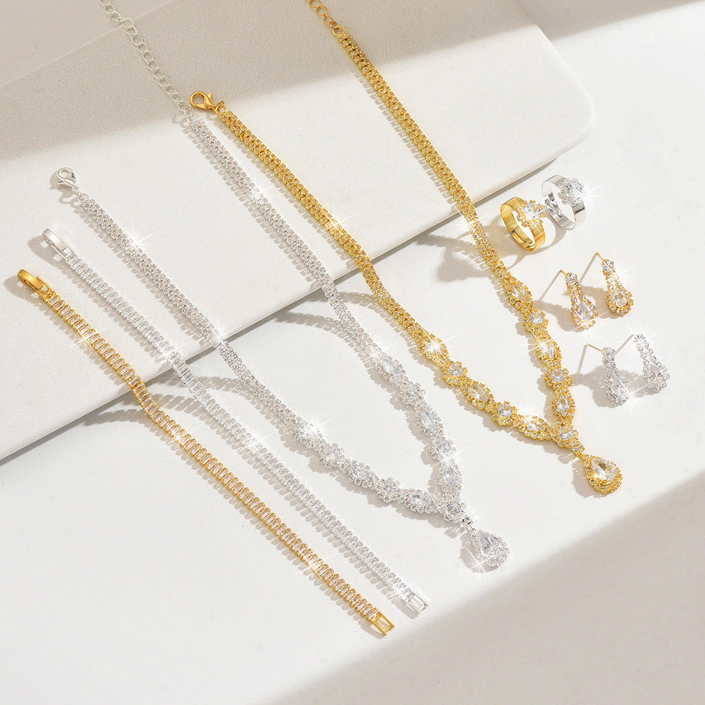 Women 4 Pcs Gold Tone Rhinestone Jewelry Set,Necklace Dangle Earrings Bracelet Ring,Glamorous Bridal Costume Accessories For Wedding Banquet Party Occasion