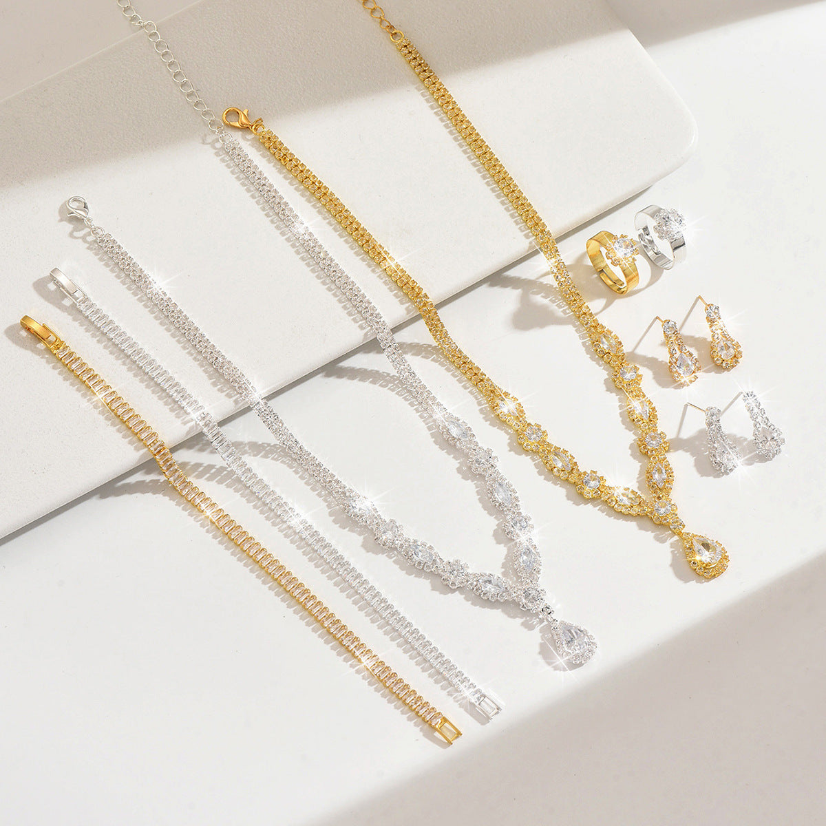 Women 4 Pcs Gold Tone Rhinestone Jewelry Set,Necklace Dangle Earrings Bracelet Ring,Glamorous Bridal Costume Accessories For Wedding Banquet Party Occasion