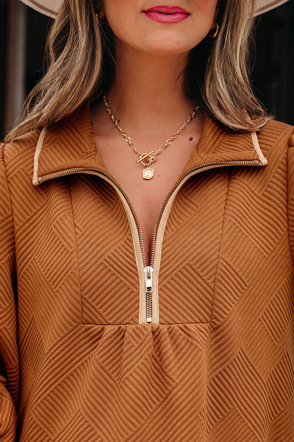 Zip Collar Textured Mini Dress with Long Sleeves
