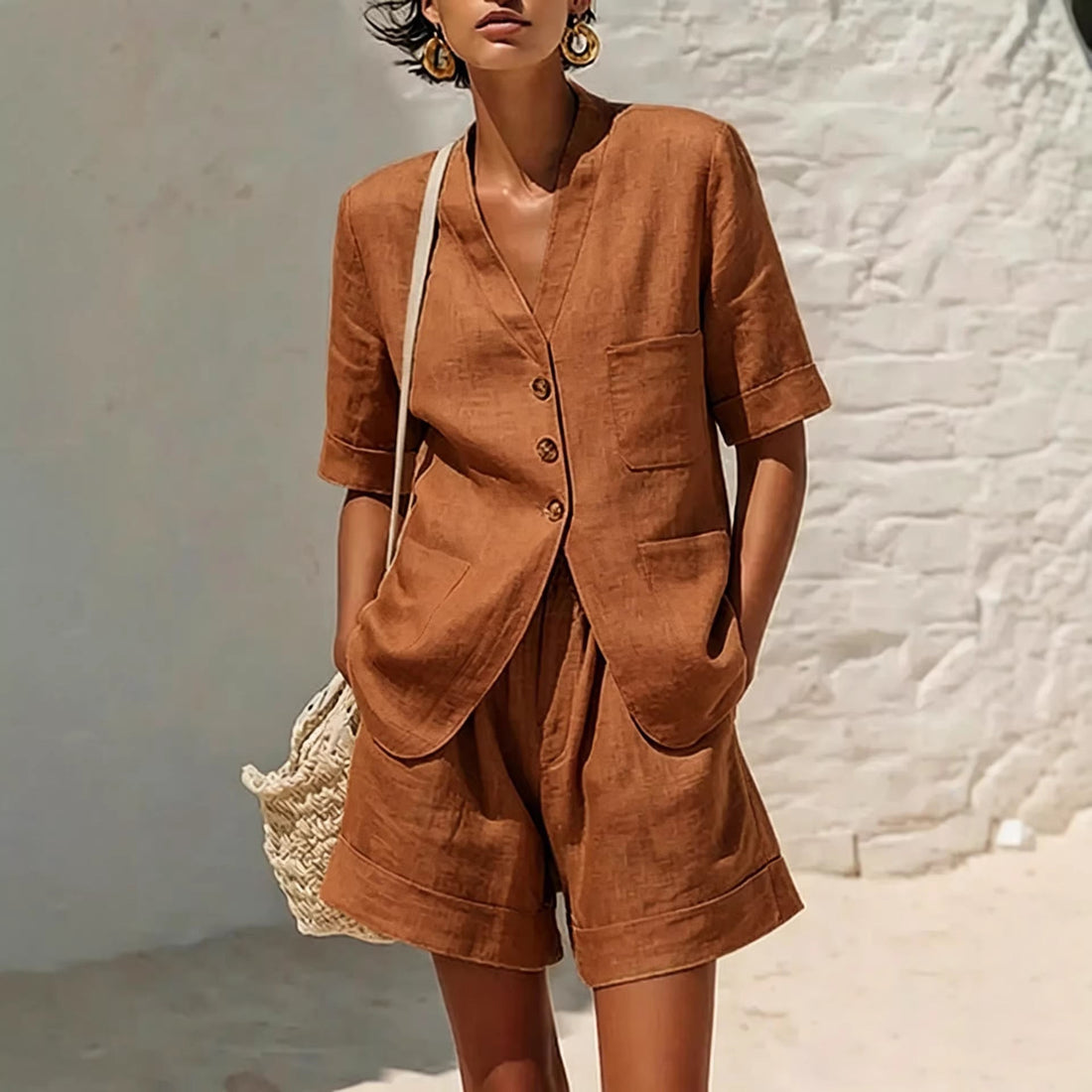 Women's Cotton-Linen Button-Down Top and Relaxed Shorts Set - Image 4