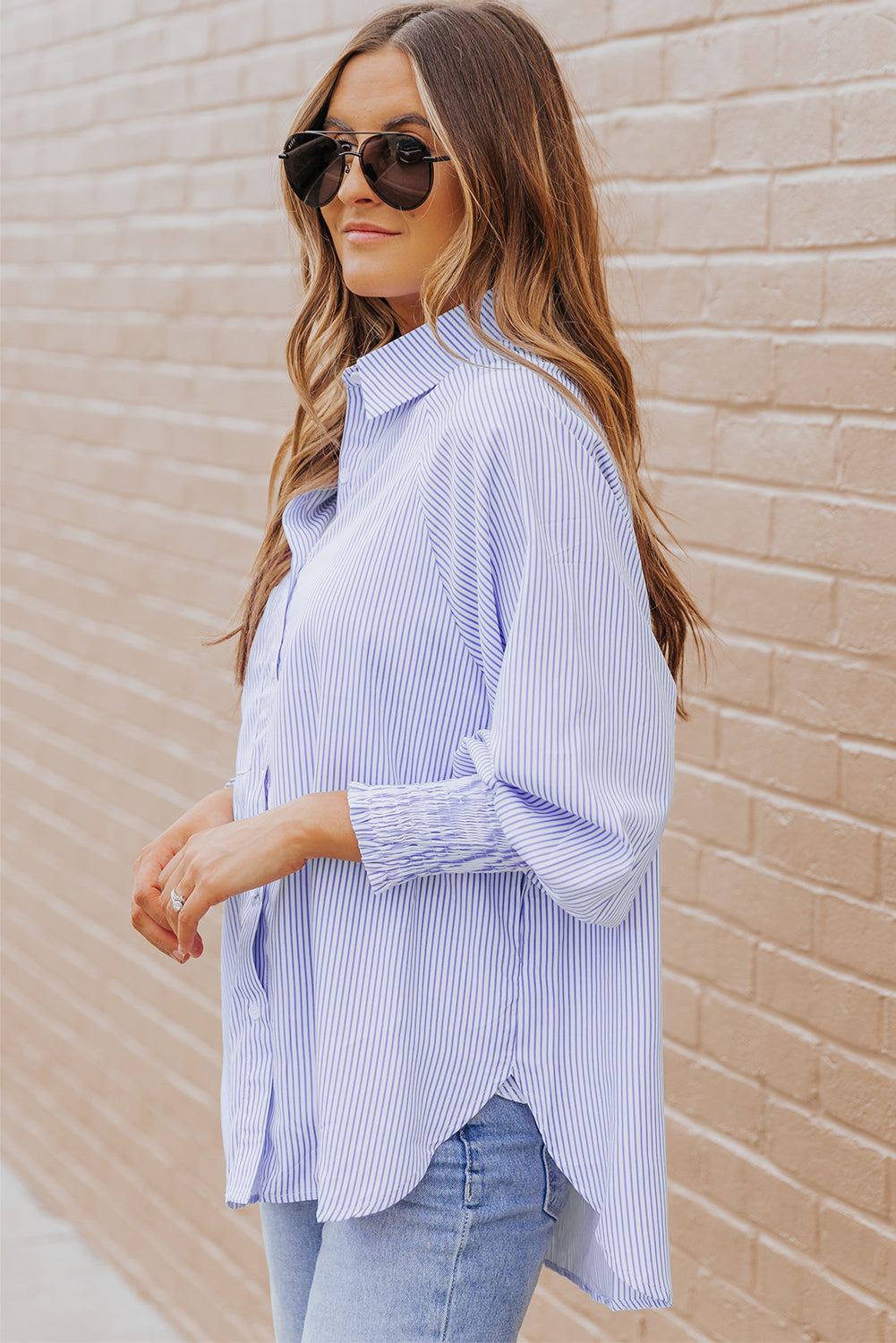 Blue Striped Casual Shirt with Shirred Cuffs | Polyester