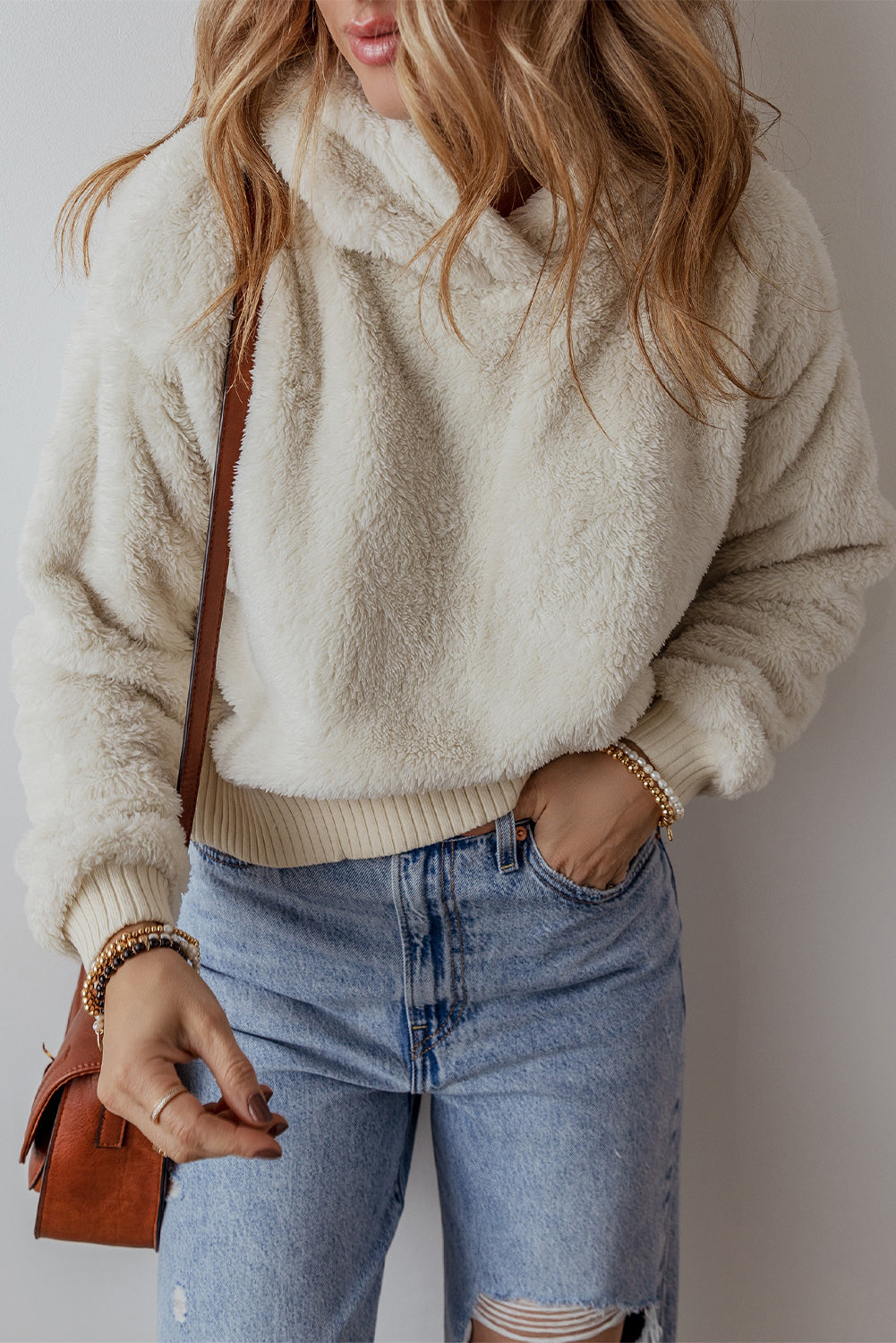 White Plush Hoodie with Contrast Ribbed Hem and Cuffs