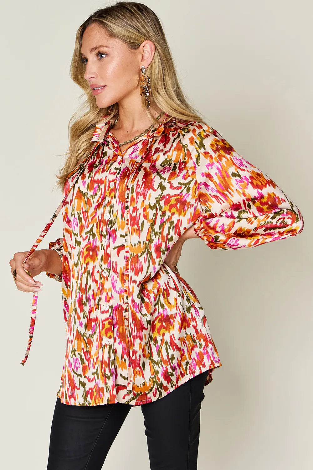 Printed Button Up Long Sleeve Shirt | Satin Bohemian Blouse
