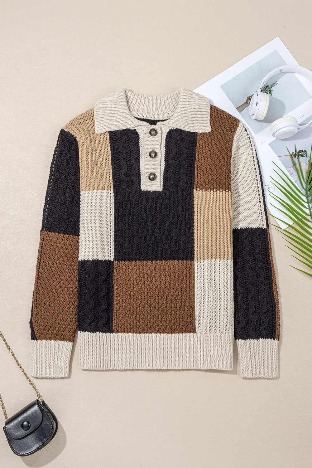Paige Cable Knit Sleeve Buttons Collared Sweater