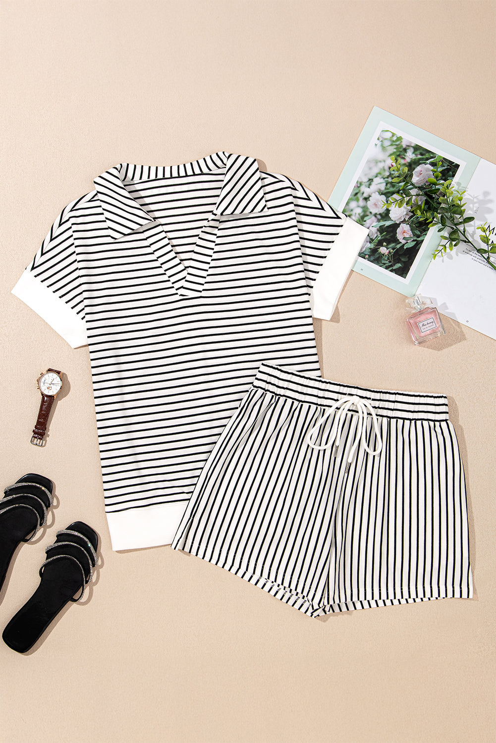 Women's Striped V-Neck Tee and High-Rise Casual Shorts Loungewear Set