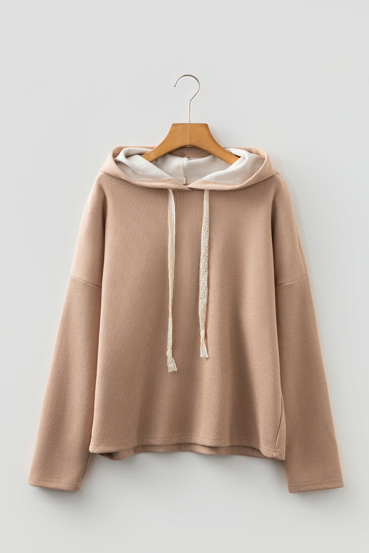Ribbed Knit Leopard & Lace Drawstring Hoodie