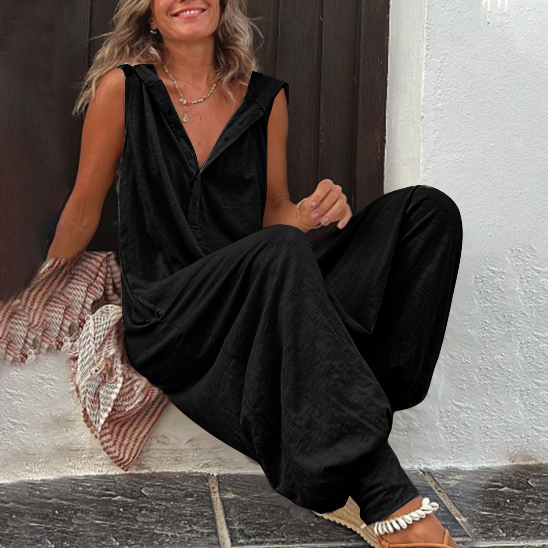 Women's Sleeveless Hooded Relaxed Fit Jumpsuit One-Piece Romper - Image 4