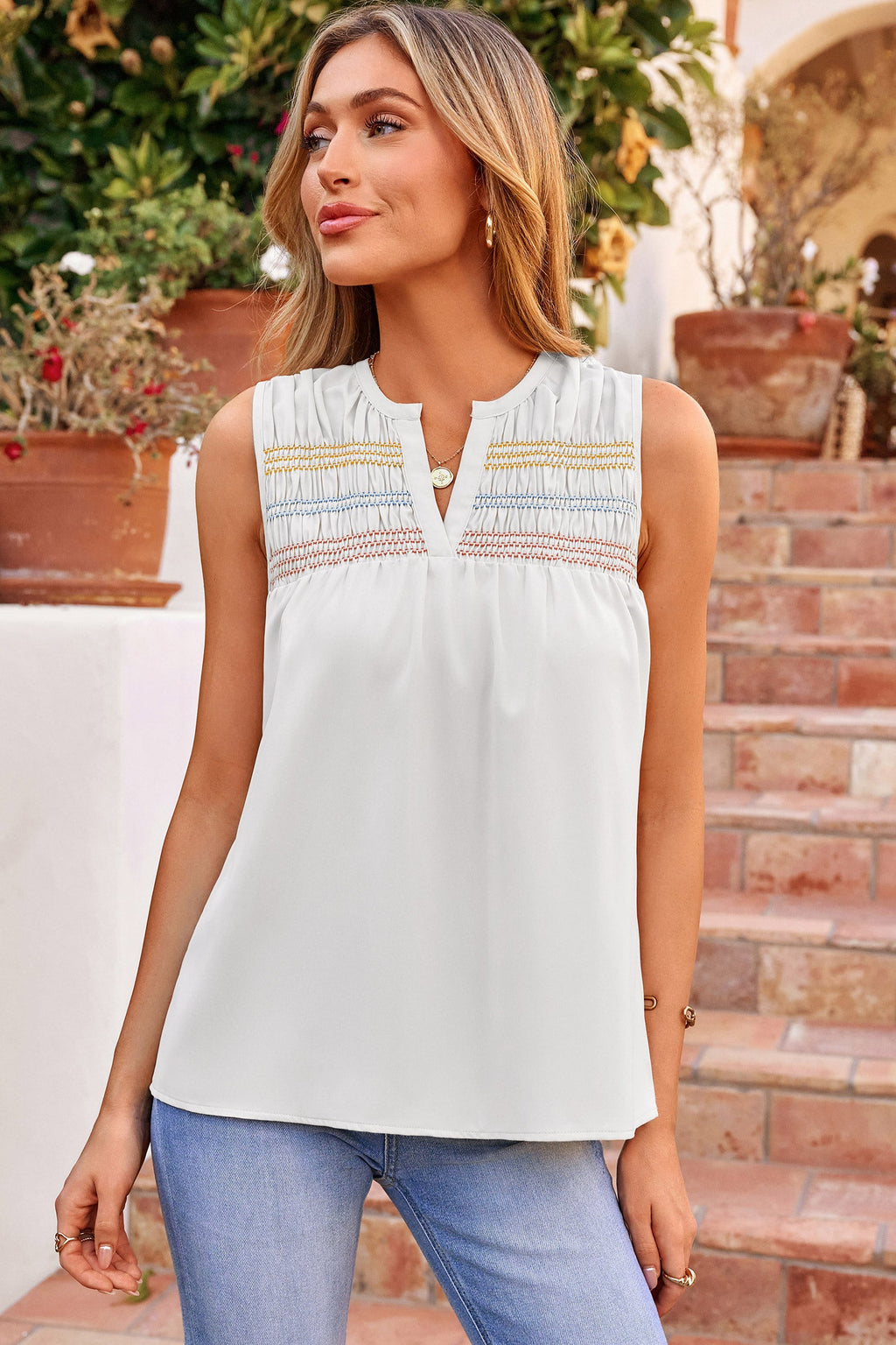 Rebekah Stitch Sleeveless Shift Top - White