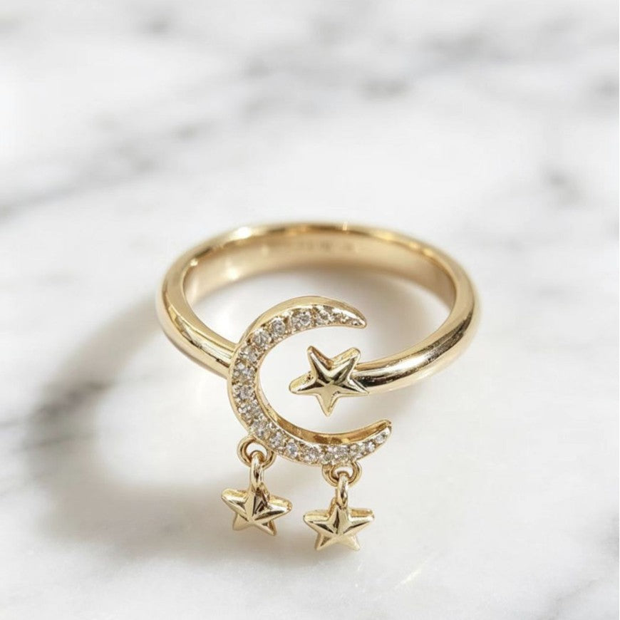 Adjustable Gold Star and Moon Open Ring for Women - Light Luxury