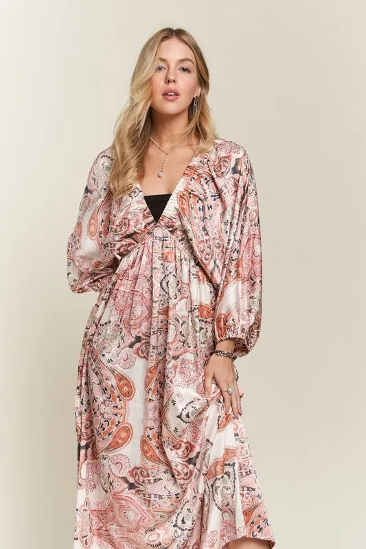 Printed V-Neck Batwing Sleeve Summer Dress