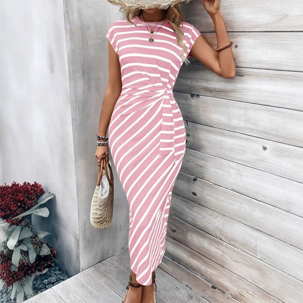 Striped Round Neck Short Sleeve Dress with Adjustable Waist Strap