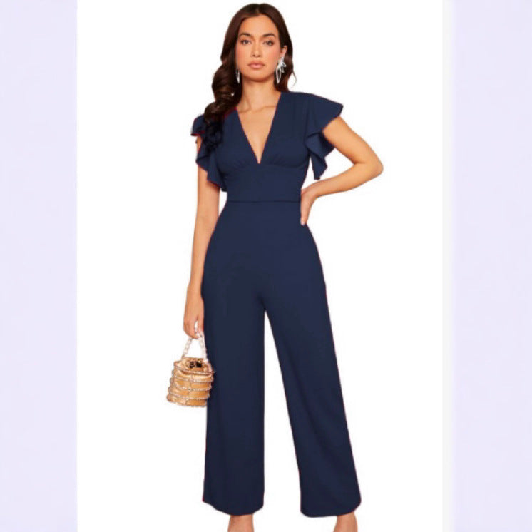 Women's High-Waist Ruffle Trim Jumpsuit in Black and Red - Image 5