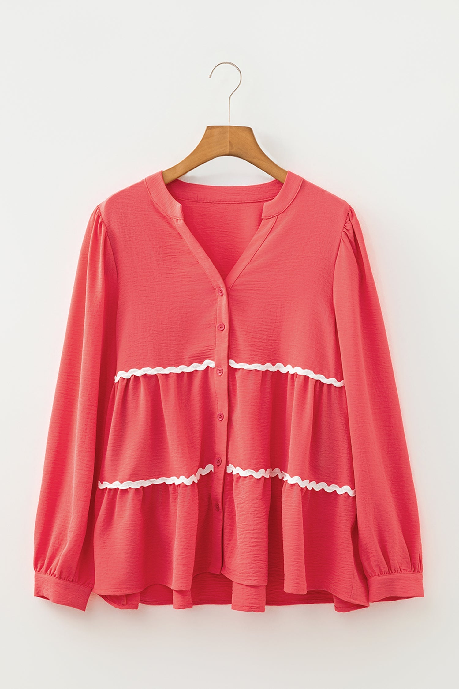 Coral Contrast Ricrac Trim V-Neck Button Down Shirt