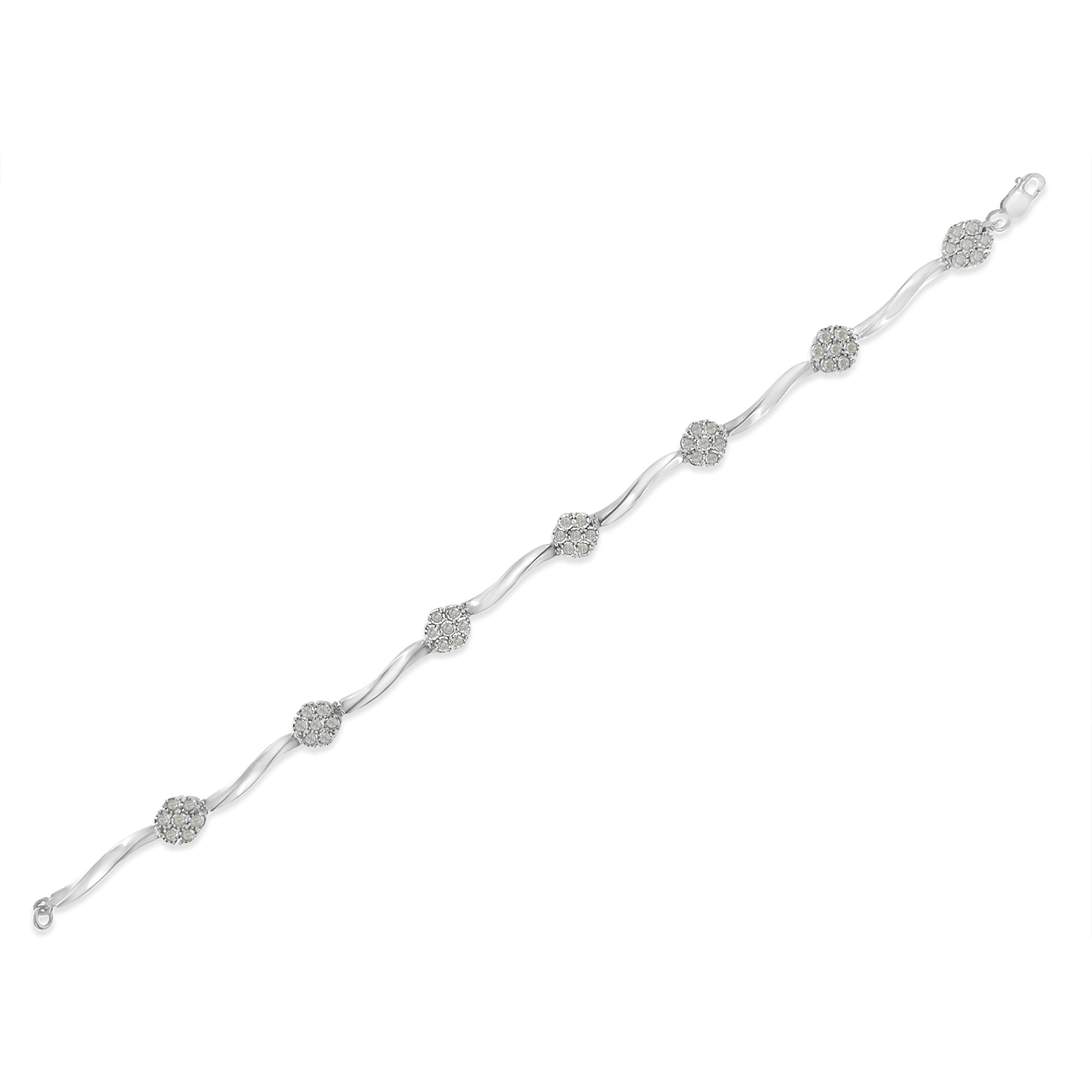 .925 Sterling Silver 1.0 cttw Miracle-Set Diamond 7 Stone Floral Cluster Link Bracelet (I-J Color, I3 Clarity) -7"