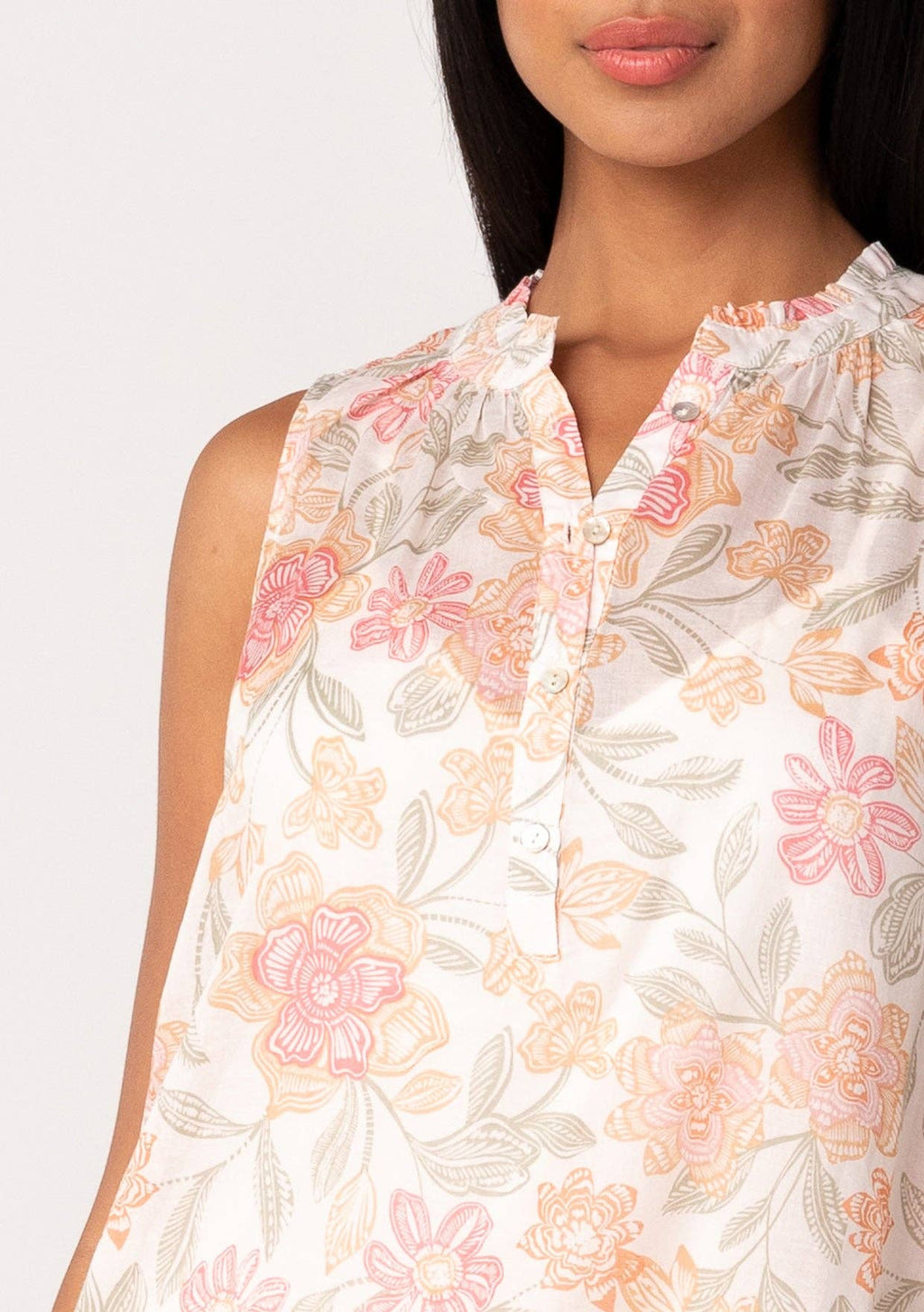 Sheer Floral Button Front Ruffle Neck Tank in Natural and Coral