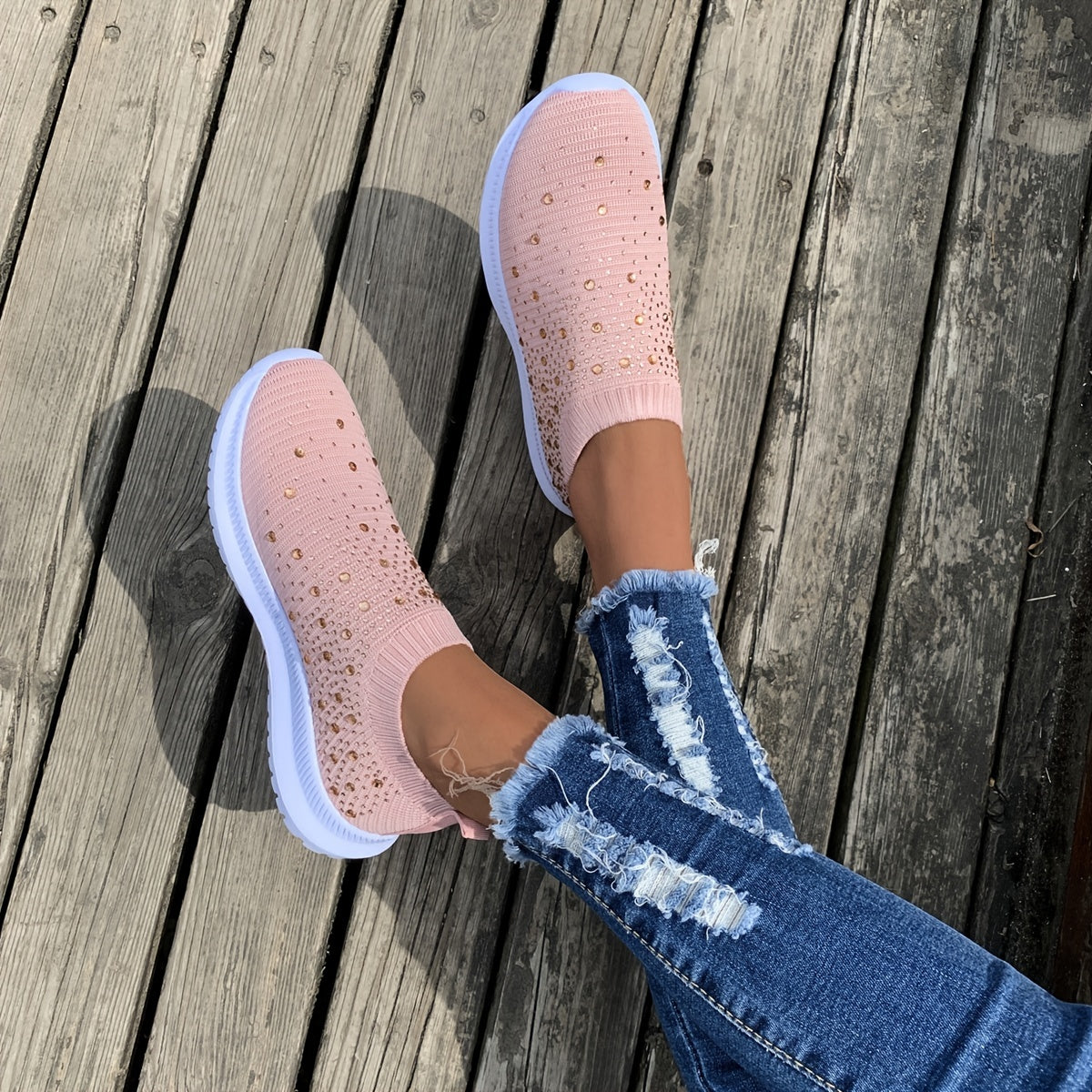 Women's Rhinestone Rainbow Color Block Breathable Mesh Sneakers - Image 6