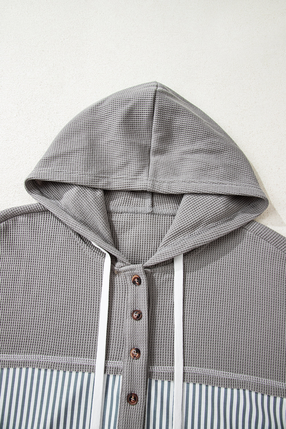 Stripe Waffle Patchwork Hooded Long Sleeve Top