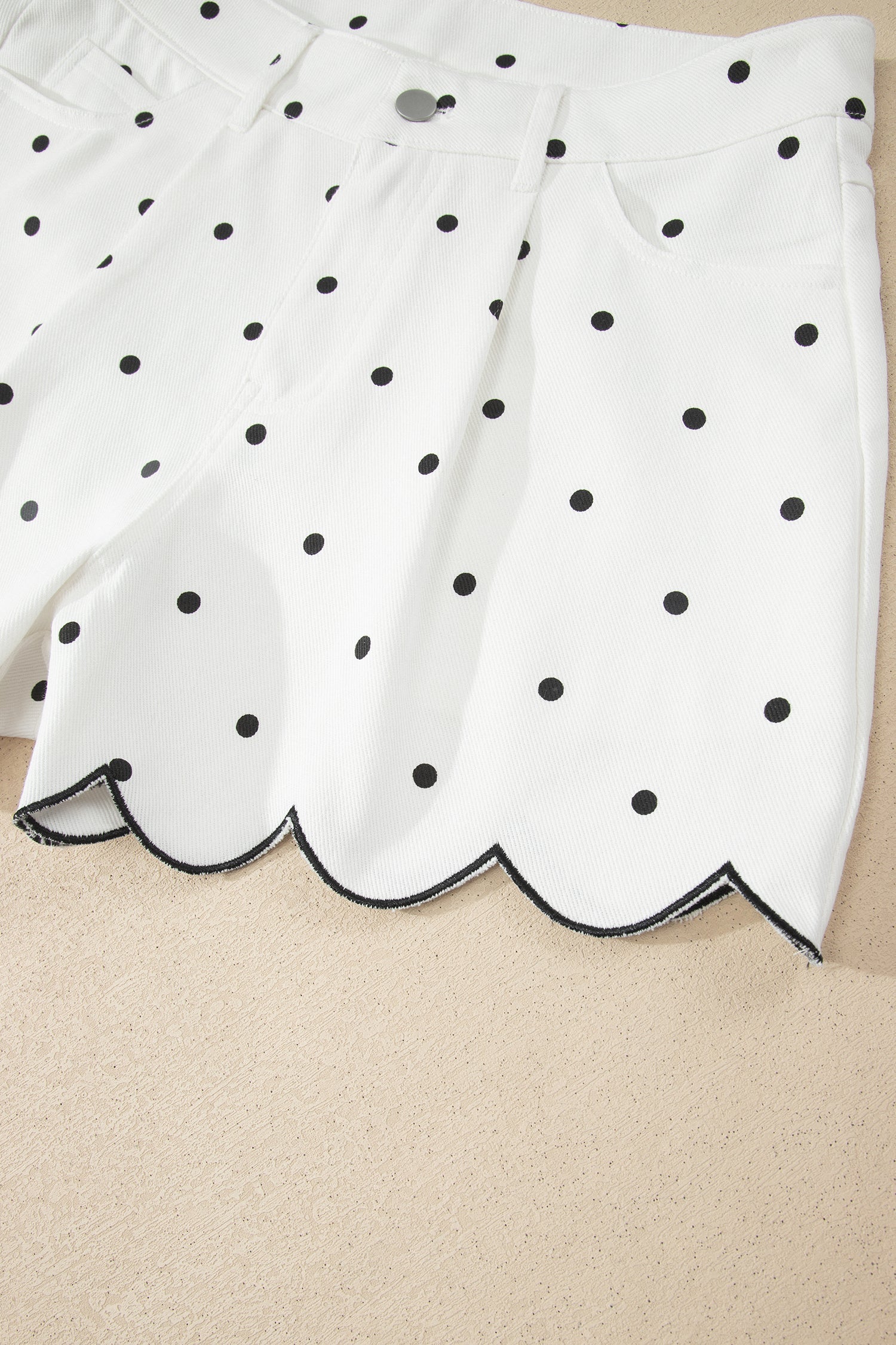 Elise Embroidered Polka Dot Scallop Hem Denim Shorts