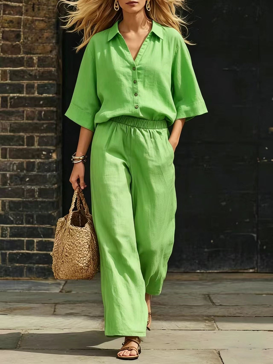 Women's Button-Down Shirt and Wide-Leg Pants Two-Piece Set - Image 7