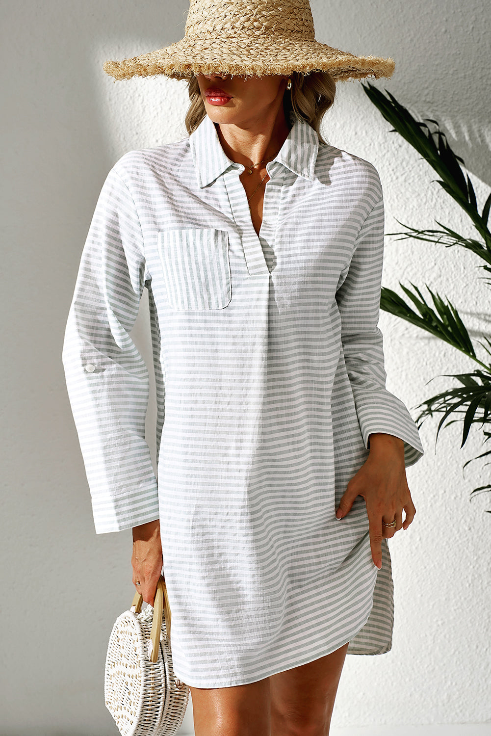 White Stripe Collared V-Neck Beach Cover Up with Chest Pocket