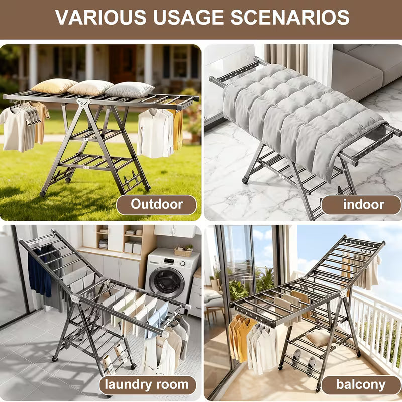 Foldable 3-Tier Clothes Drying Rack with Wheels and Shoe Rack