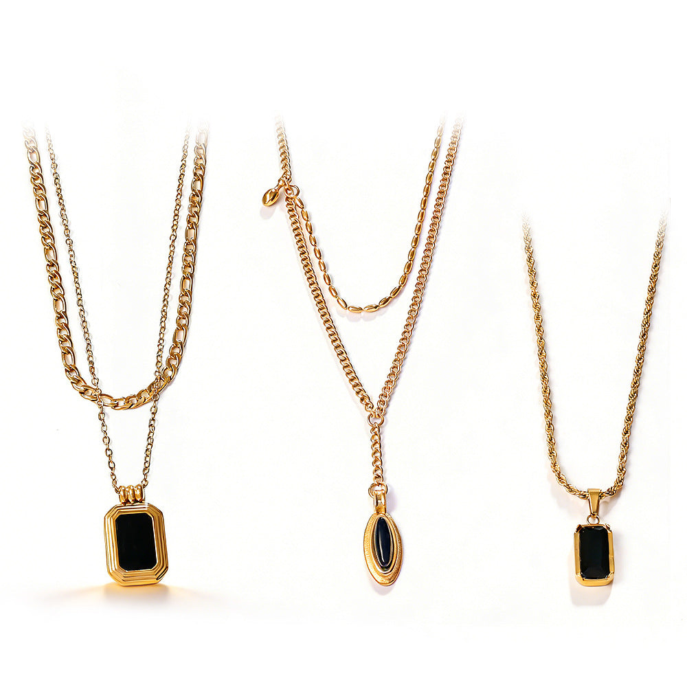 Vintage Stackable Double Layer Oval Black Onyx Pendant Necklace, 18K Gold Plated Square Black Zircon Clavicle Chain