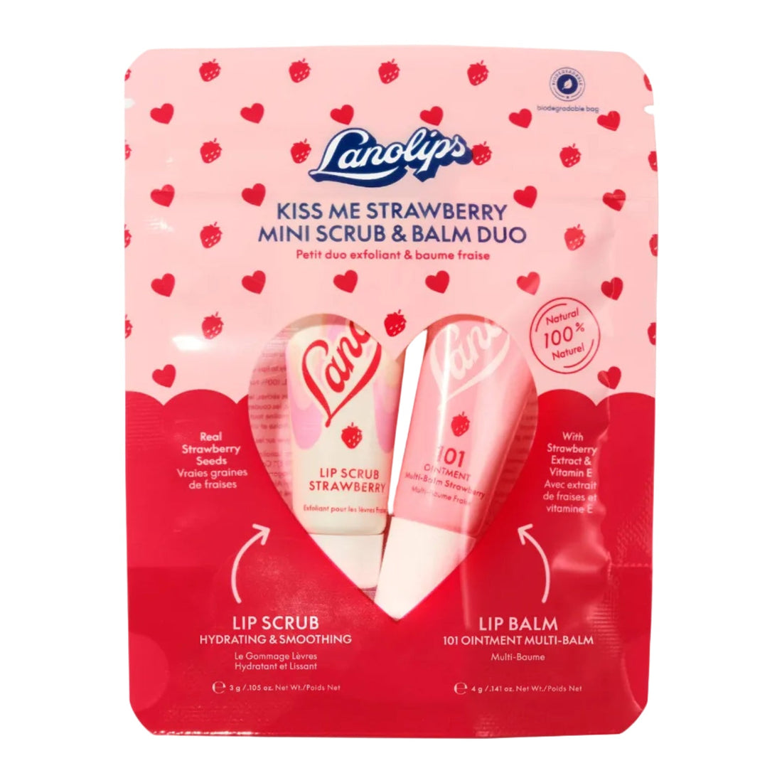 Lanolips Kiss Me Strawberry mini lip scrub and balm duo in pink and red packaging.
