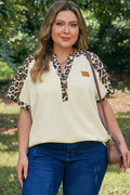 Amari contrast leopard patchwork polo tee in beige with a half-button placket