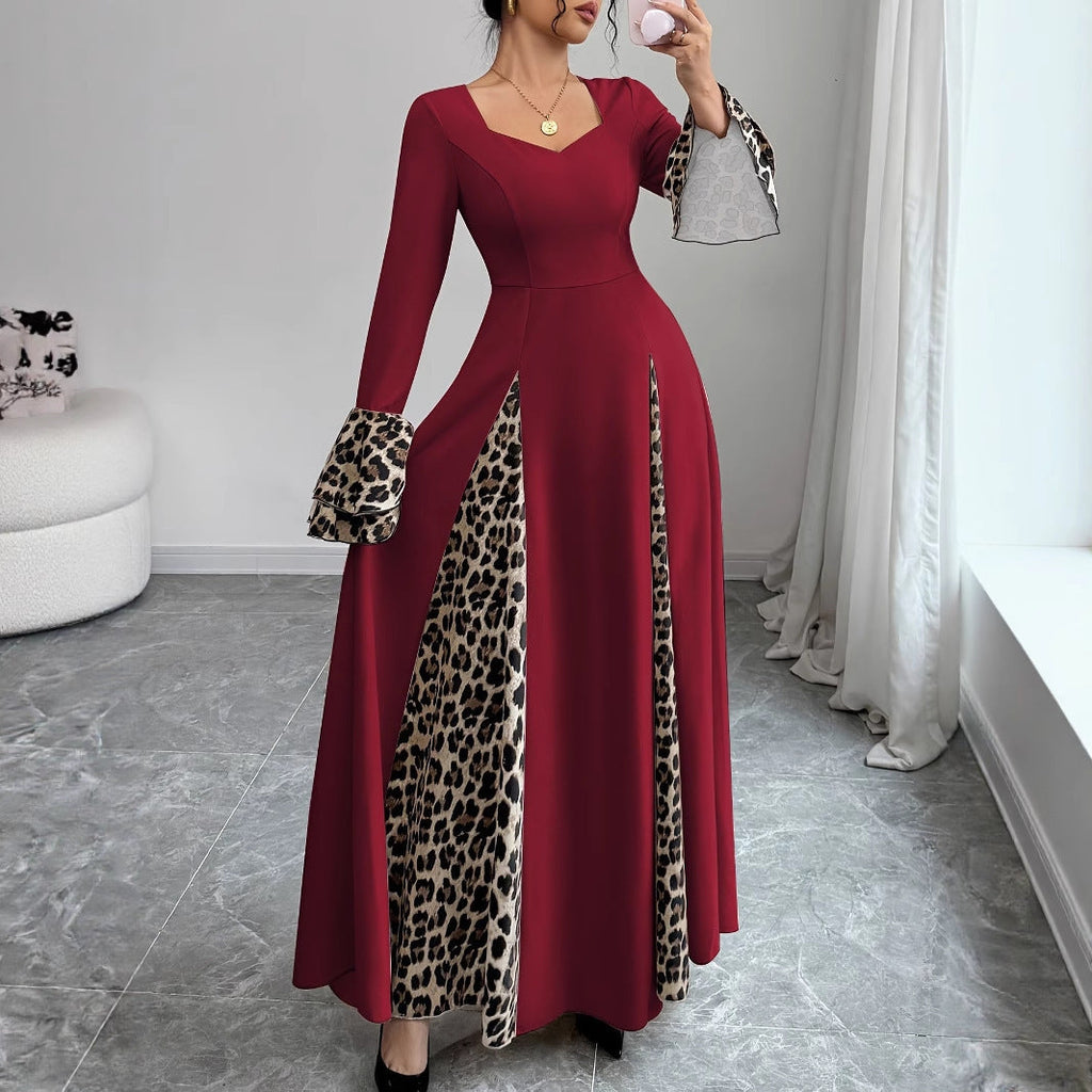 Burgundy Leopard Print Long Dress with Bell Sleeves