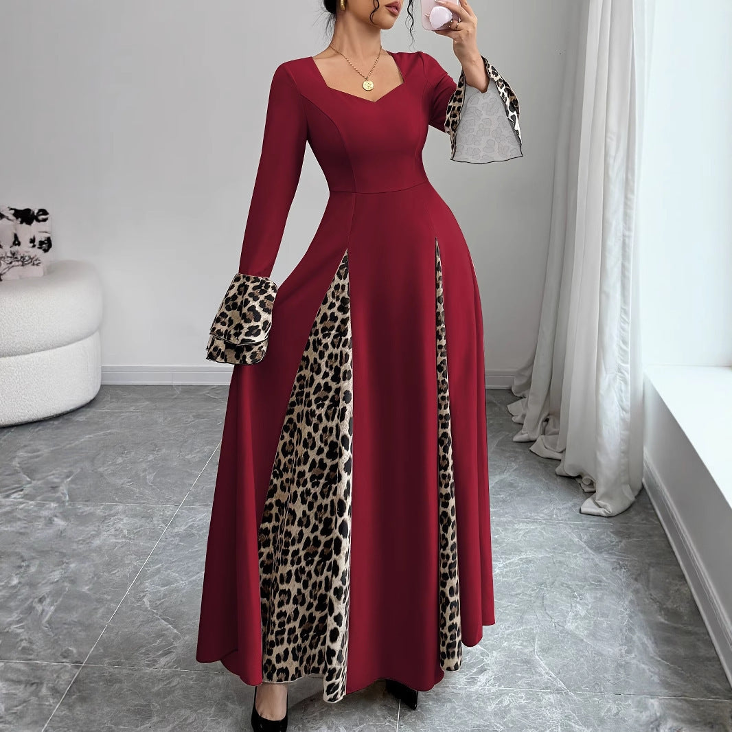 Burgundy Leopard Print Long Dress with Bell Sleeves