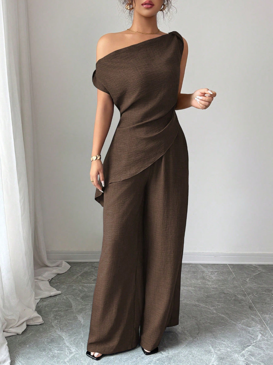 One-Shoulder Asymmetric Top & Wide-Leg Pants 2-Piece Co-ord Set